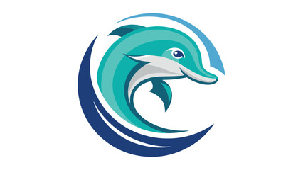 Colorful vector dolphin logo design showcasing a playful marine creature swimming amidst waves in a vibrant, calming turquoise background