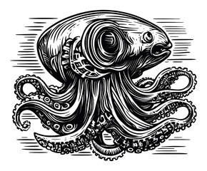 Intricate Engraving of a Fish-Octopus Hybrid with Tentacles