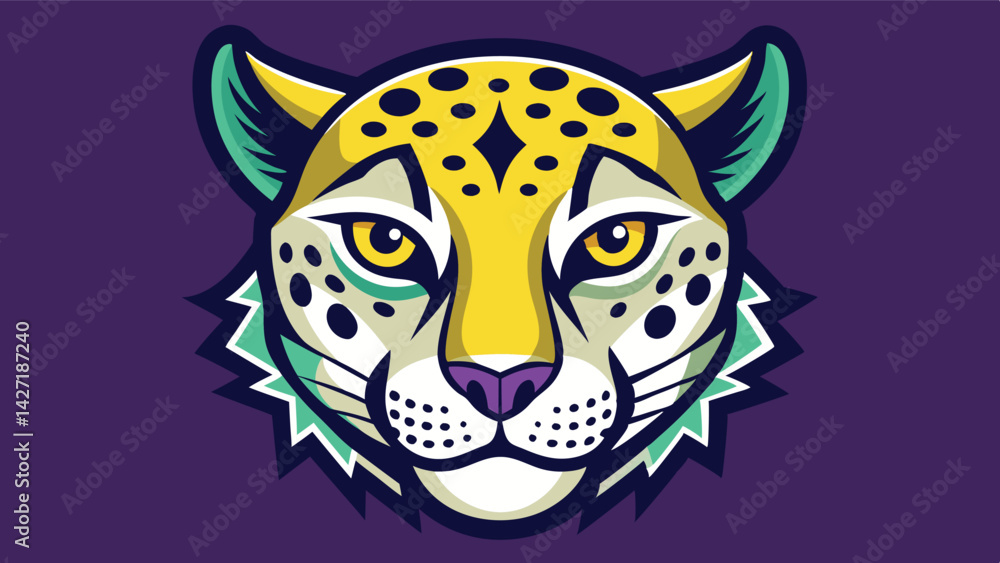 Poster stylized leopard head logo design featuring vibrant colors and distinct facial features for graphic 