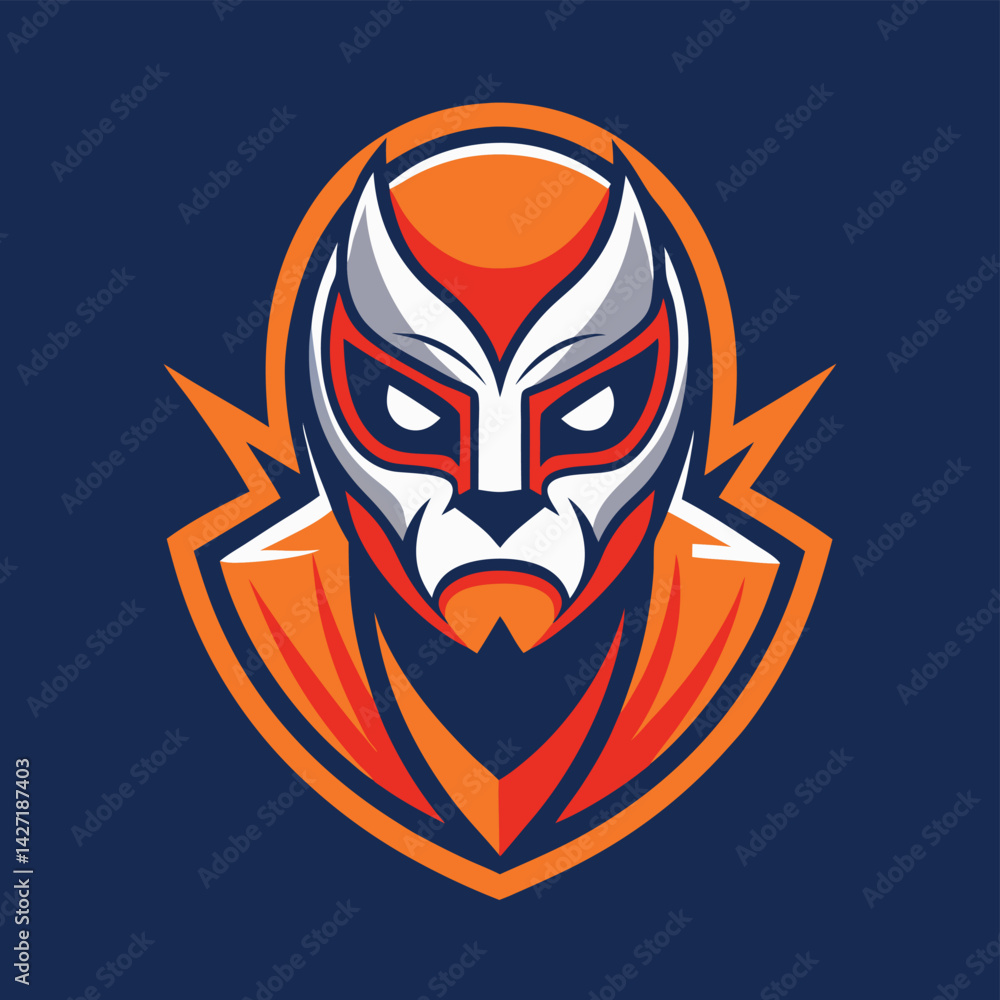Poster bold and dynamic vector logo featuring a fierce animal mask design with striking colors and sharp li