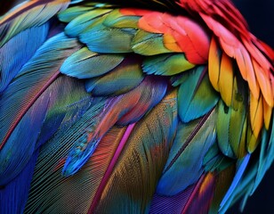 Obraz premium vibrant colorful parrot feather with intricate patterns on a dark background