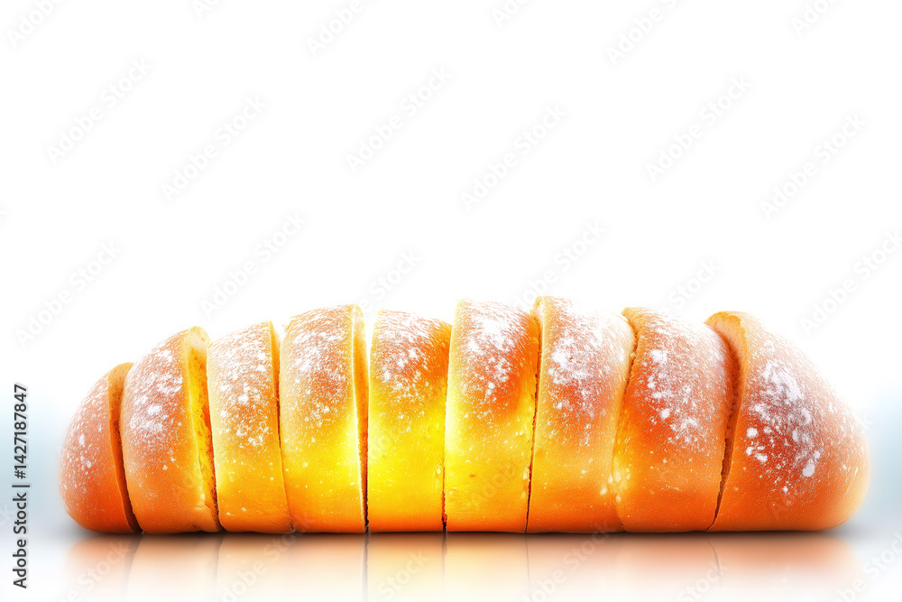 Aufkleber sliced rye bread displayed with visible crust texture on bright white surface creating minimalist ae