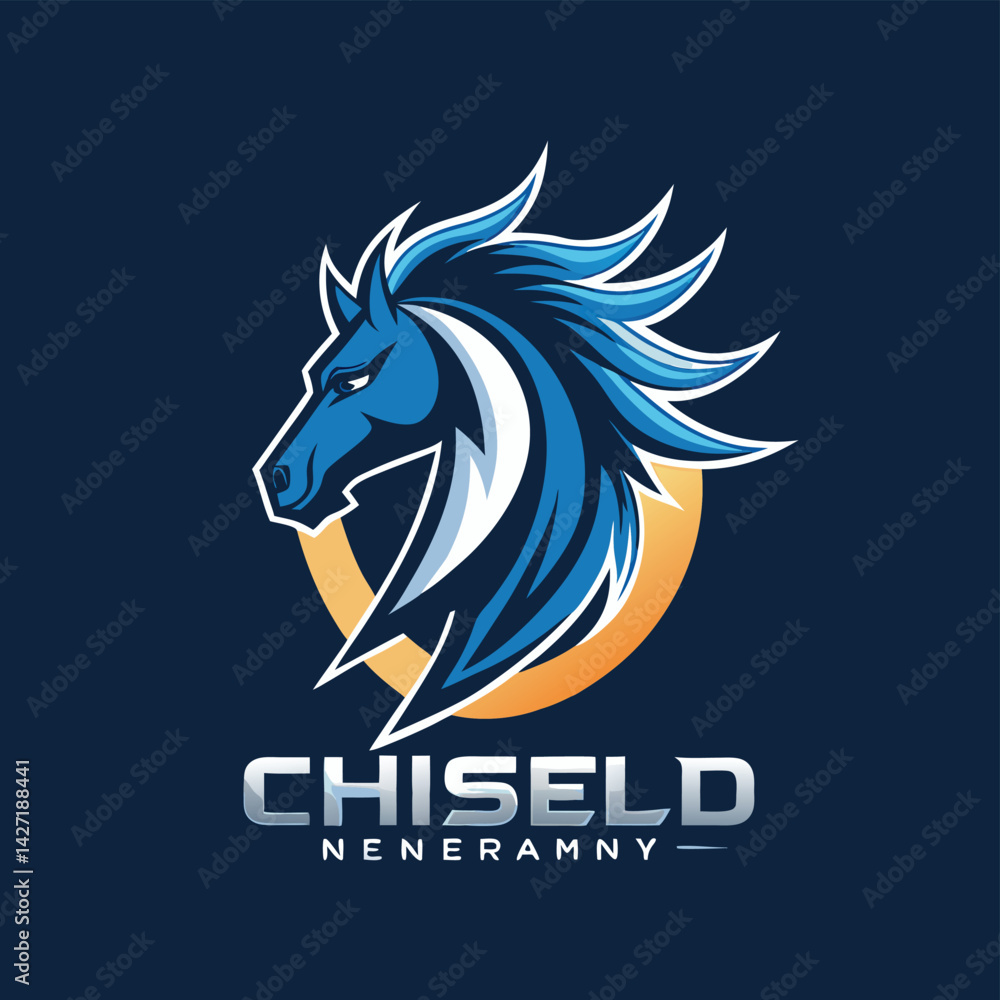 Poster stylized horse logo showcasing a blue and white color scheme with a circular emblem, representing st