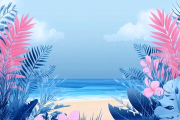 The background of this modern illustration boasts a beach landscape with palm trees, leaves, and plants set against the sky, incorporating ample copy space for text in a flat and linear style