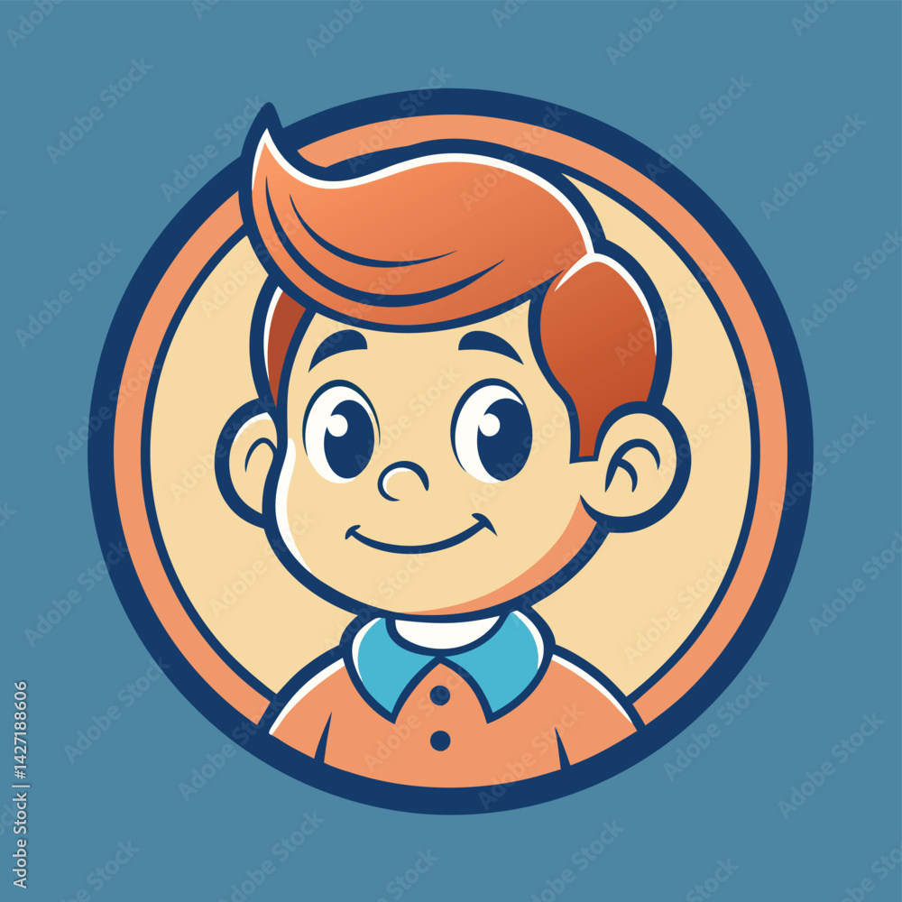 Poster cute vector logo featuring a smiling boy character with orange hair and a cheerful expression in a c