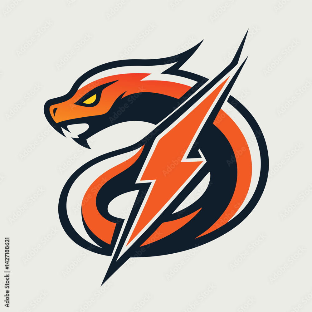Poster Bold logo featuring a stylized dragon intertwined with a lightning bolt in vibrant colors with a dynamic design and smooth vector style