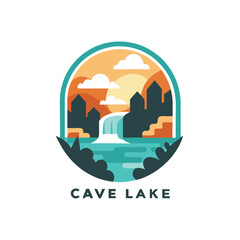 Cave Lake logo design featuring colorful landscape with waterfall and mountains under a sunset sky in a modern, minimalist style