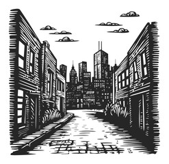 Urban Alley with City Skyline in Engraving Style Artwork