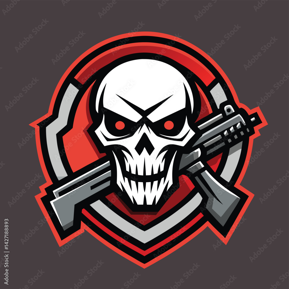 Poster skull logo featuring a menacing face and a rifle design for an edgy and bold visual identity suitabl