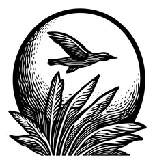 Detailed Bird Engraving in Circle Over Greenery Design