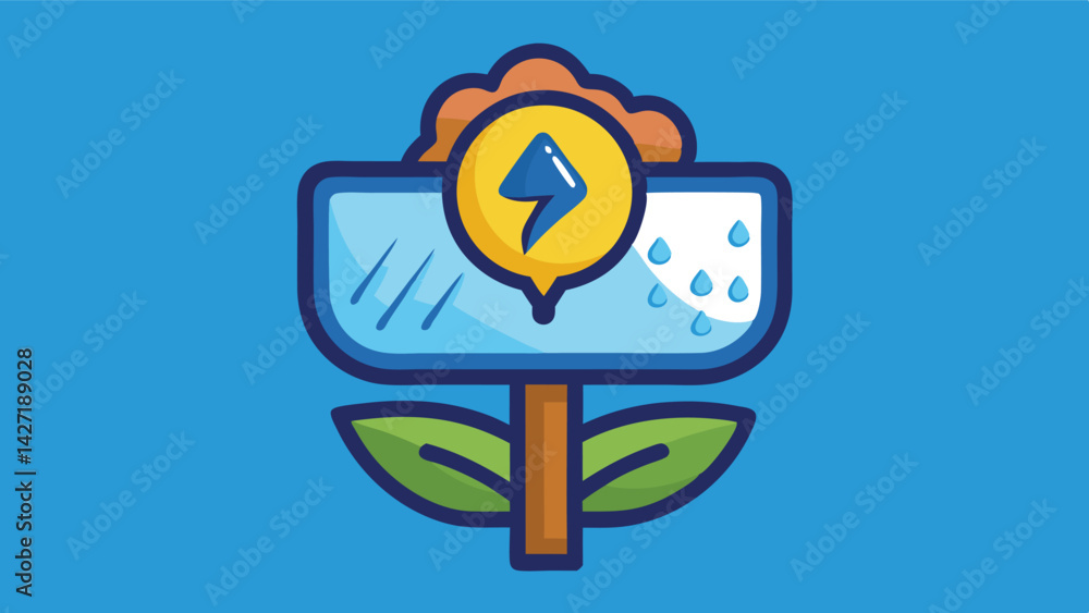 Poster Vector illustration of a logo featuring a stylized flower design in front of a blue background with raindrops and a lightning bolt symbolizing weather resilience