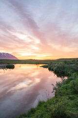 Beautiful sunset on island of hrisey in Iceland