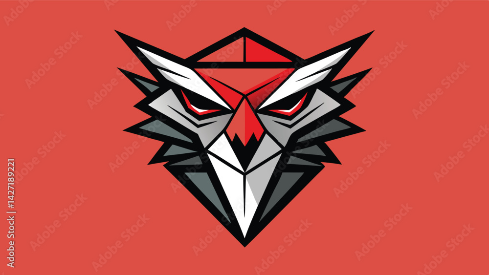 Poster Stylized wolf logo design featuring sharp angles and bold colors with a distinctive face on a vibrant background