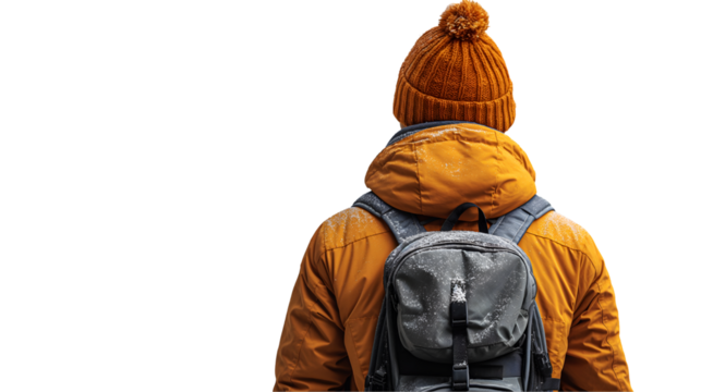 Winter Hiker Back View Orange Jacket Backpacker in Snowy Outdoor Setting.