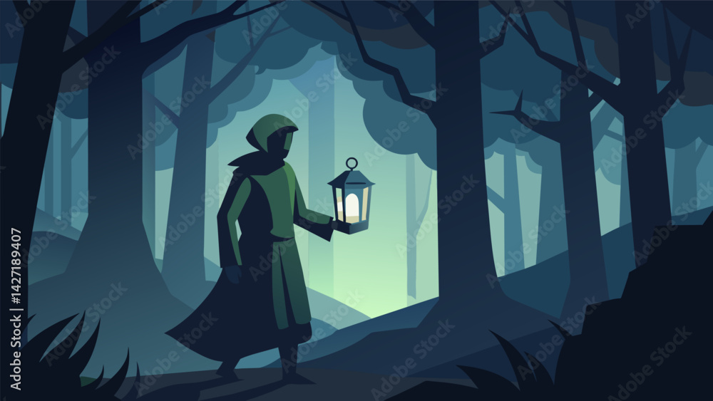 Poster a person holding a lantern in a dark foggy forest representing the stoic virtue of wisdom and the id