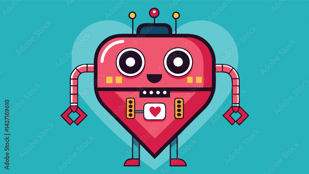Poster cute red robot character with heart-shaped body and playful features on a teal background designed a