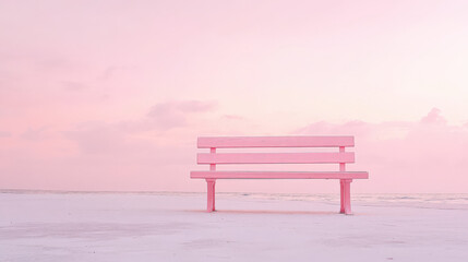 A pink bench sits on a beach with a pink sky in the background