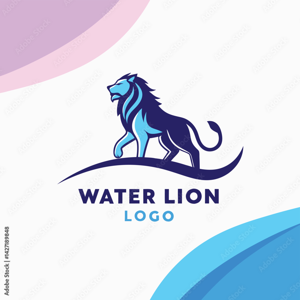 Poster modern water lion logo design featuring a stylized blue lion standing on a wave, showcasing the blen