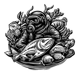 Vintage Engraving of Diver Surrounded by Various Fish Species