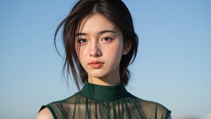 Serene Asian Woman Portrait: Natural Light, Youthful Beauty, Green Top Against Blue Sky, Stock Photo