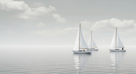 Fototapeta premium Serene Scene with Three White Sailboats on a Pale Gray Lake
