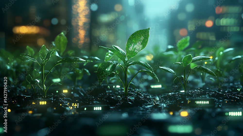 Poster developer efficiency in programming. urban plants thriving amidst a cityscape backdrop.