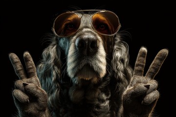 Cool cocker spaniel dog wearing sunglasses and giving peace sign.  Peace, love, and doggy style!