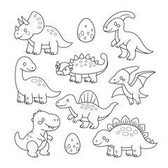 Cute baby dinosaurs outline doodle vector illustration