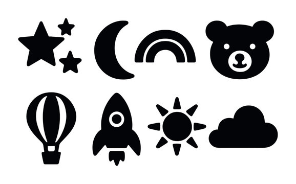 Children's silhouette icon set – fun and playful symbols for kid's themes, storytelling, and education: stars, moon, rainbow, teddy bear, hot air balloon, rocket, sun, cloud