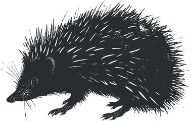 A detailed black and white illustration of a hedgehog showcasing its spines and cute features.