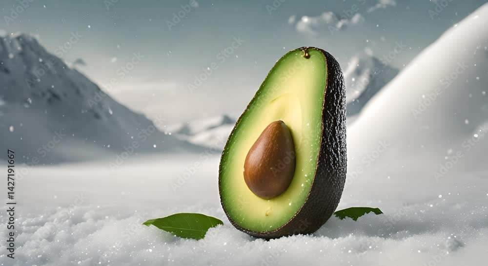 Poster avocado resting on a snow blank covered surface unique and contrasting winter scene seamless looping