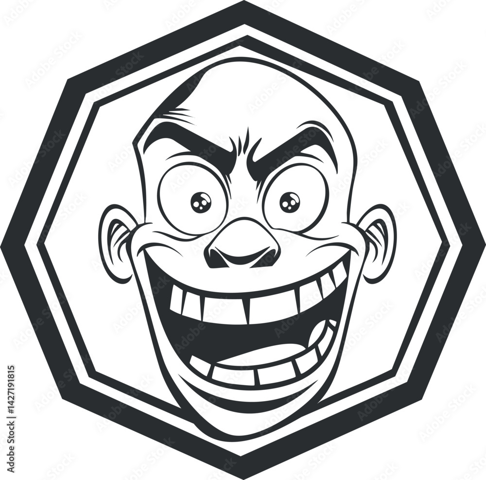 Poster a playful cartoon character with a big smile and exaggerated facial features in a hexagon.