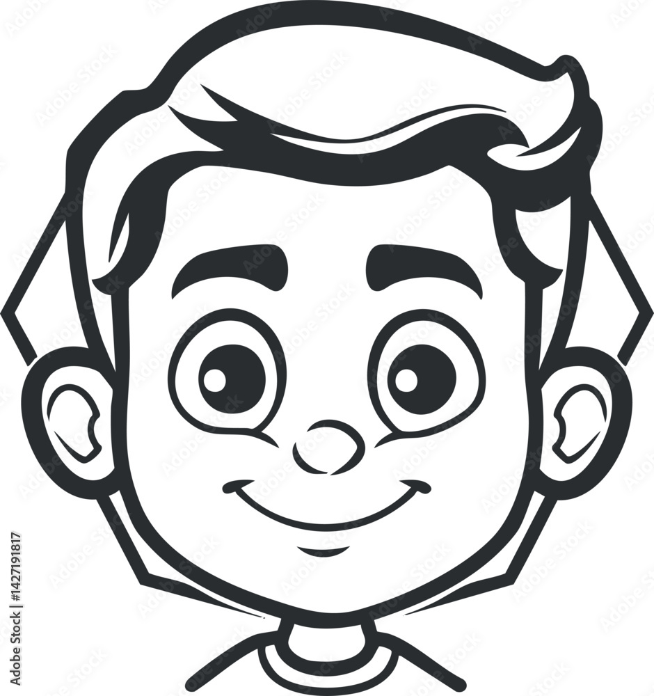 Poster a cheerful cartoon boy smiling with a playful expression in a simple line art style.