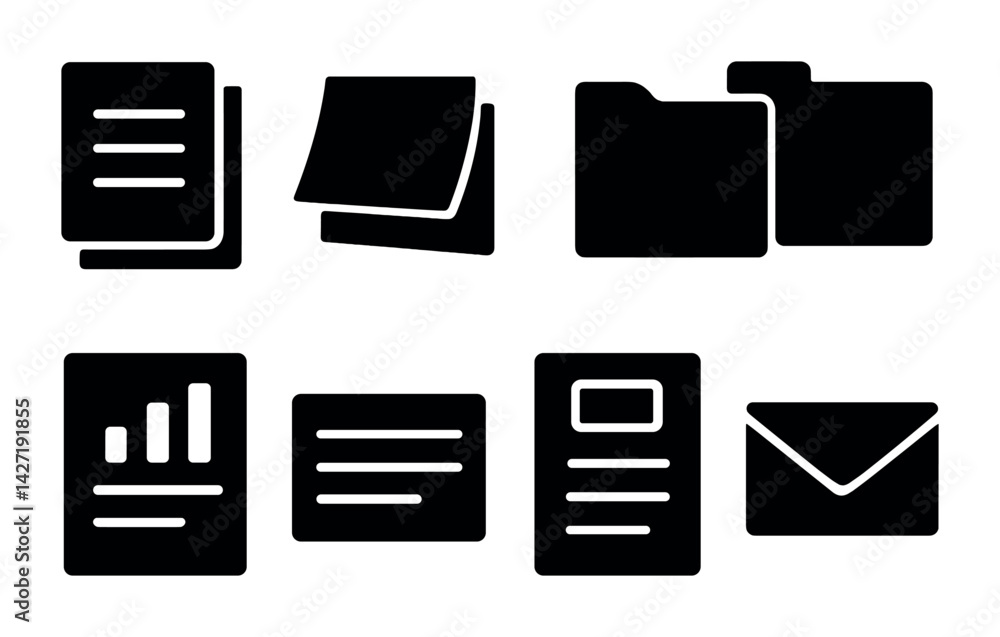 Poster document management icon set - solid style file, folder, email, note, chart, envelope, document symb