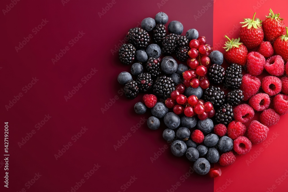 Aufkleber heart shape crafted from fresh berries on a vivid gradient backdrop showcasing vibrant colors and na