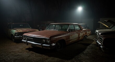 Fototapeta premium Abandoned 1963 Impala in Dark Junkyard