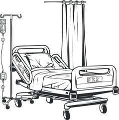 A hospital room featuring a medical bed with IV stand and curtains for patient privacy.