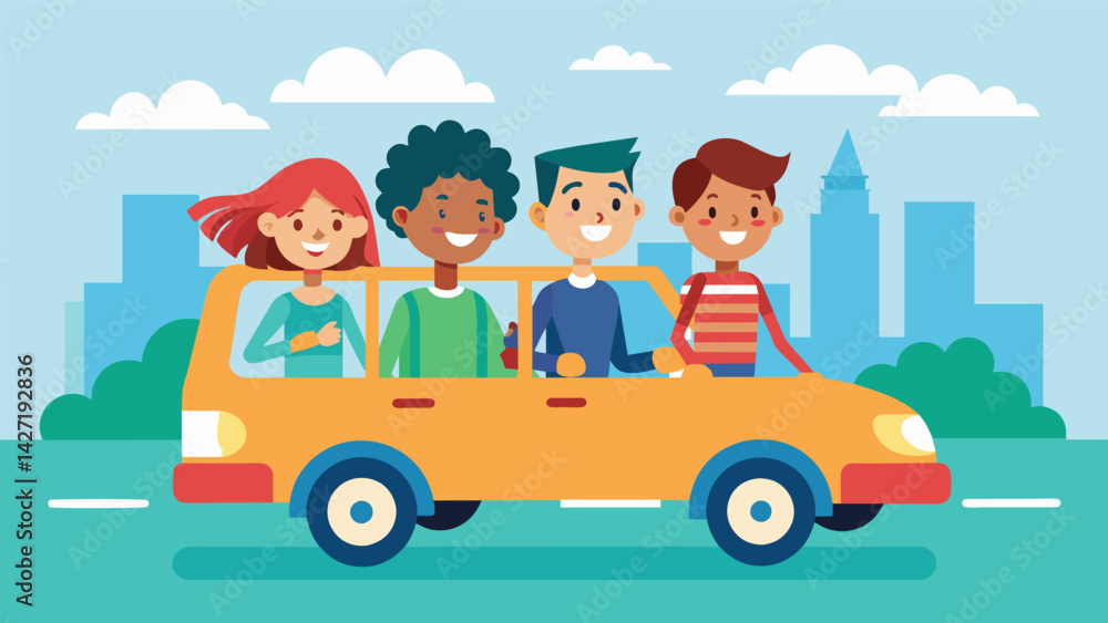 Poster a group of students carpooling to class to save on gas and transportation costs.. vector illustratio