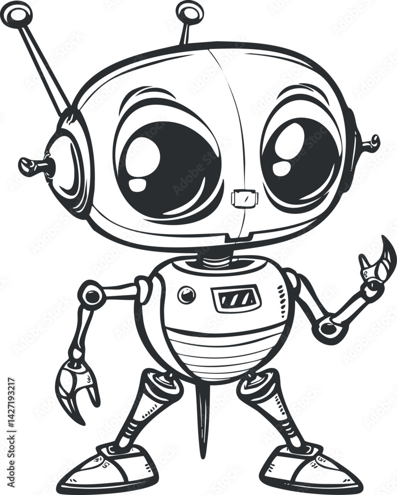 Poster a whimsical cartoon robot character with big eyes and a friendly expression in a playful design.