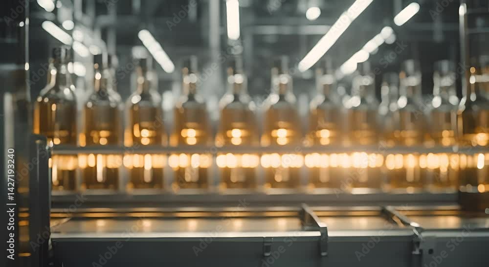 Poster a single illuminated glass bottle centered on a modern assembly line capturing automation and precis