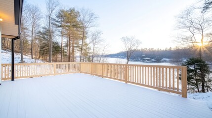 Snowy Lakeside Deck with Mountain Views