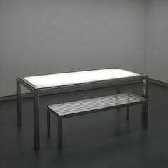 Modern illuminated table and bench set in minimalist room; perfect for modern home, office, or restaurant design