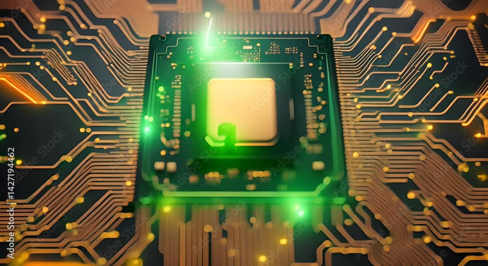 Poster a glowing microchip on a circuit board highlighting technological advancement innovation and electro