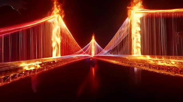 Fiery Bridge Dividing Red and Blue Representing Global Trade War And Economic Conflict with Burning Flame and Reflective Surface Optimized for Adobe Stock
