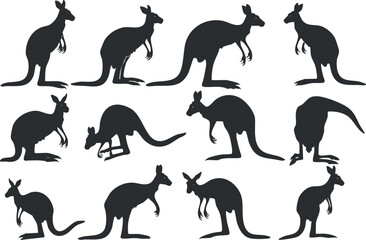 A collection of kangaroo silhouettes showcasing various poses and movements in a black design.