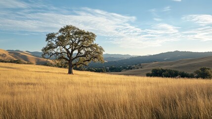 Obraz premium Solitary oak tree in golden meadow landscape.