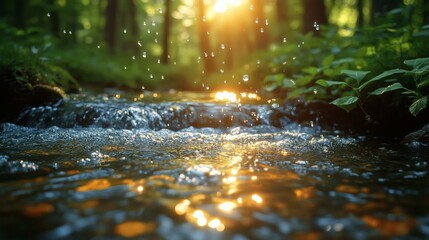 Fototapeta premium Glistening Stream in Forest with Sunlight Reflecting on the Water, Showcasing Nature's Beauty and Tranquility