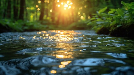 Fototapeta premium Crystal clear stream reflects sunlight in lush green forest at dusk