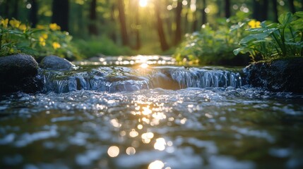 Fototapeta premium Sunlight Reflecting on Crystal Clear Forest Stream with Mossy Rocks and Yellow Flowers