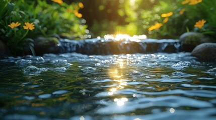 Fototapeta premium Crystal clear stream reflecting sunlight flowing through a lush garden